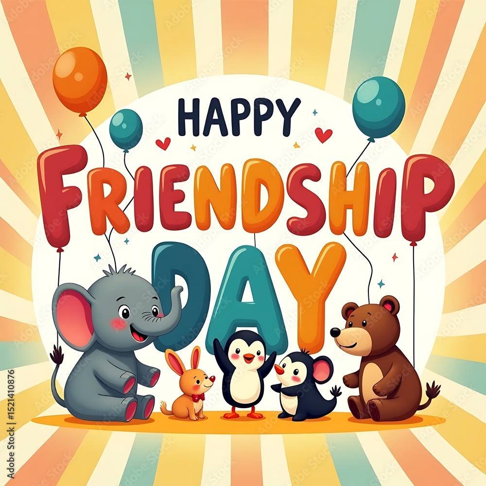 Friendship day cartoon illustration with balloon letters and cute animal characters celebrating on colorful sunburst background perfect for kids party poster greeting card or festive design art Friendship day cartoon illustration with balloon letters and cute animal characters celebrating on colorful sunburst background perfect for kids party poster greeting card or festive design art