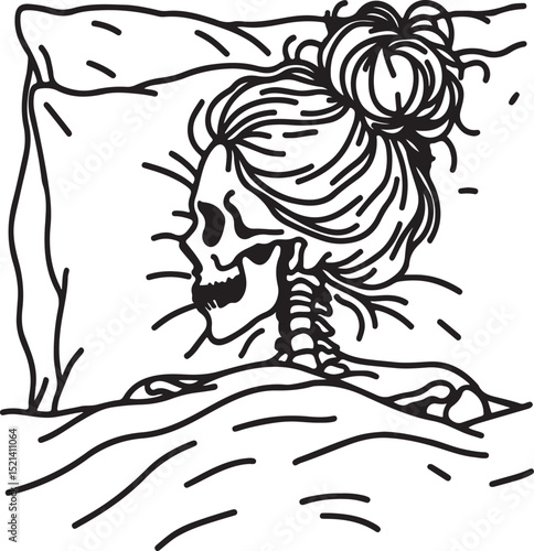 Female Skeleton with Messy Bun Cozy Line Art Vector