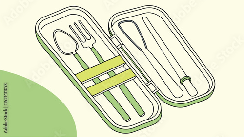 Open green cutlery case with a spoon, fork, and knife inside, held by two green bands, on a light background