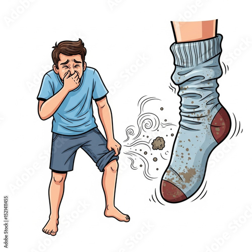 Man Removing Stinky Sock Holding Nose Vector Illustration on White Background