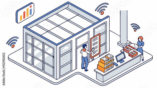 Isometric view of a modern office space with people interacting and wireless connectivity displayed around