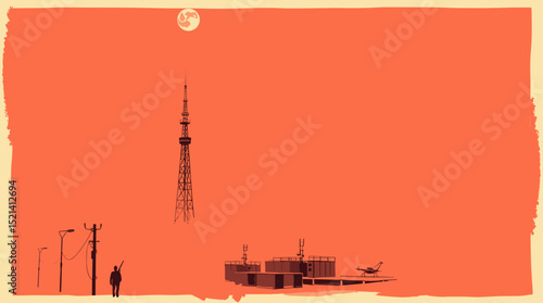 Silhouetted tower and buildings against a vibrant orange sky with a full moon