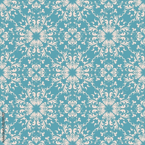 Elegant Symmetrical Floral Pattern on Soft Teal Background for Wallpaper, Decor, Packaging, and Digital Design Projects