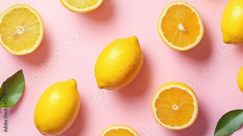 Wallpaper Mural Flat lay of whole and halved lemons with leaves on pink background. Torontodigital.ca