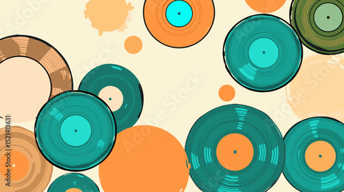 Colorful vinyl records and circles on a light background