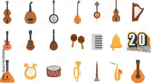 Flat Vector Music Instruments Icon Set – 20 Minimalist Music Elements Collection