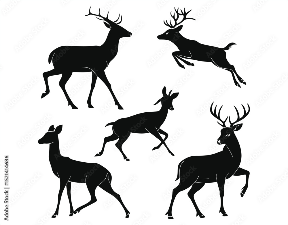 Obraz premium Set of Vector Deer in Elegant Silhouettes – Microstock Ready