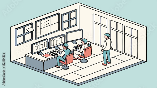 Isometric view of a control room with three workers monitoring screens and a large display panel area