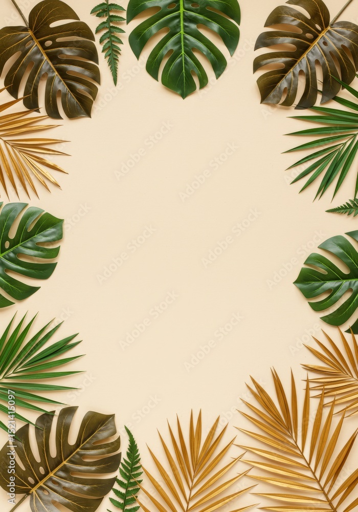 Tropical Leaf Frame Beige Background - A frame of lush green and gold tropical leaves on a beige background, ideal for summer or vacation themes Tropical Leaf Frame Beige Background - A frame of lush green and gold tropical leaves on a beige background, ideal for summer or vacation themes