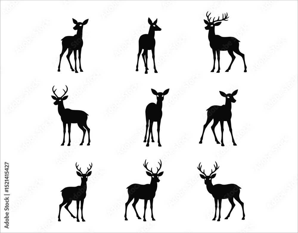 Fototapeta premium Wildlife Deer Silhouette Icons – Vector Style on White
