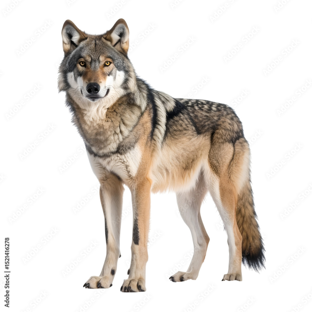 Majestic Iberian Wolf: A striking Iberian wolf stands majestically against a pure white background, showcasing its impressive size and unique coat pattern. Majestic Iberian Wolf: A striking Iberian wolf stands majestically against a pure white background, showcasing its impressive size and unique coat pattern.