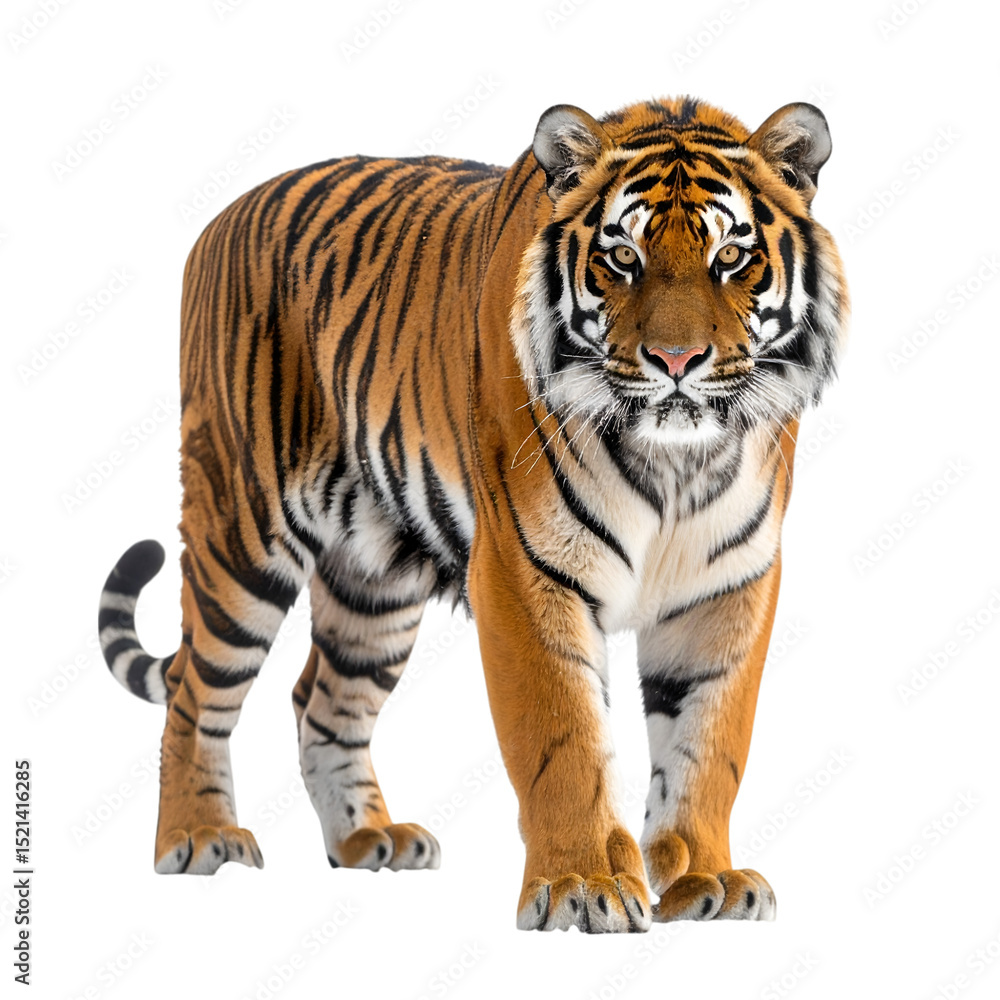 Obraz premium Majestic Tiger Portrait: A striking tiger stands confidently, its powerful physique and captivating gaze commanding attention in a stunning display of wild beauty. 