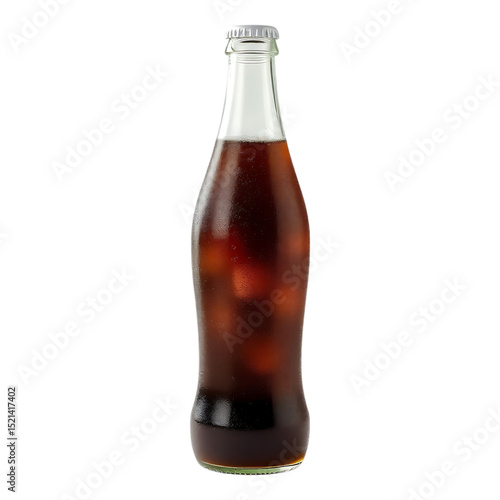 Cola-filled glass bottle with ice cubes
