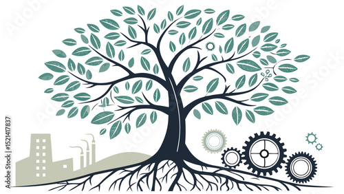 Illustration of a tree with green leaves and visible roots near an industrial building and gear wheels