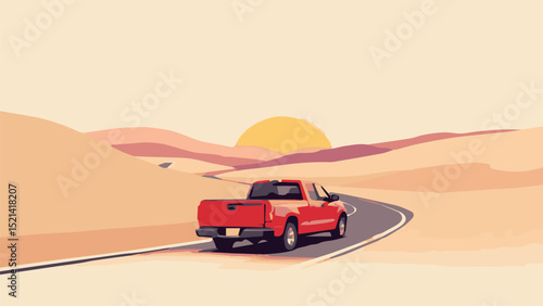 Red Car on Desert Highway – Scenic Road Trip Illustration
