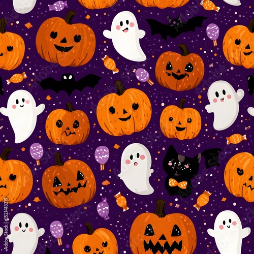 A seamless cartoon Halloween icons pattern background