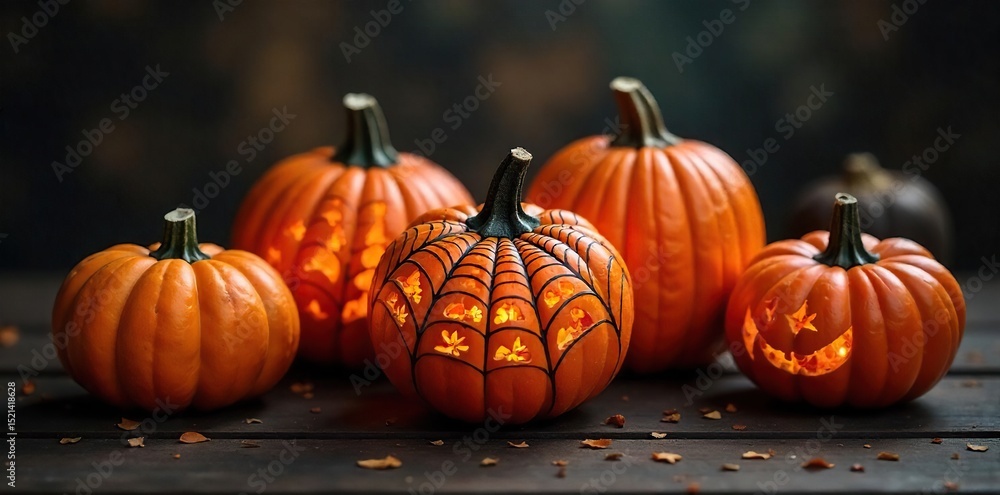 Intricate spiderweb design etched into the surface of several small pumpkins, creating a spooky Halloween decoration Perfect for autumnal, fall, and Halloween themes , fall decor, design, craft Intricate spiderweb design etched into the surface of several small pumpkins, creating a spooky Halloween decoration Perfect for autumnal, fall, and Halloween themes , fall decor, design, craft