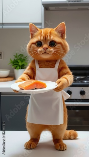 cute orange tabby cat with a white apron, holding a plate of salmon in a kitchen.