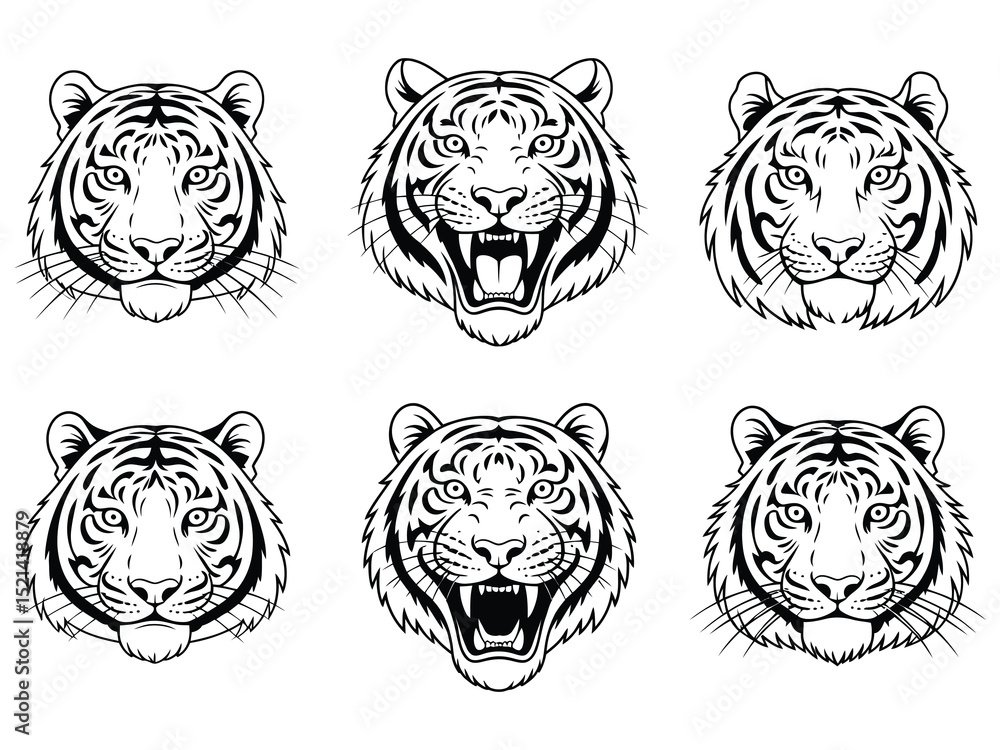 Obraz premium Tiger head liner set illustration with animal face silhouette in vector style