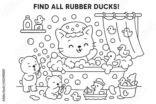 A fluffy cat is happily taking a nice bath in a bathtub that is curiously shared with two cute bears enjoying the moment together