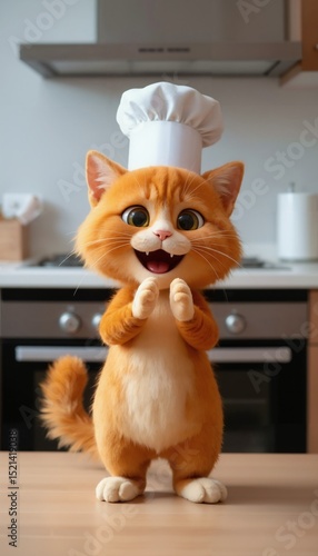 orange tabby cat with a chef's hat, standing on a kitchen counter, smiling and holding hands.