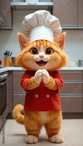 orange tabby cat with a chef's hat, standing on a kitchen counter, smiling and holding hands.