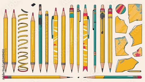 Pencil yellow elements clipart set. Pen writing school items clip art in curved, spiral, tie and broken style in wood yellow material collection vector illustration. - 1