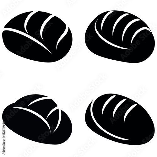 Four Loaves of Bread, Black Silhouette on White Background, Culinary Graphics
