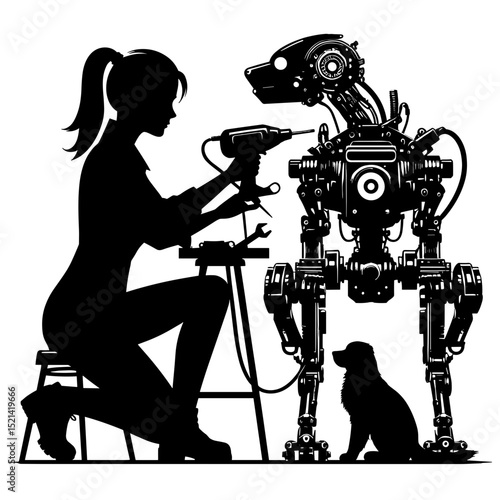 Woman repairing robot dog while sitting on a stool during workshop  