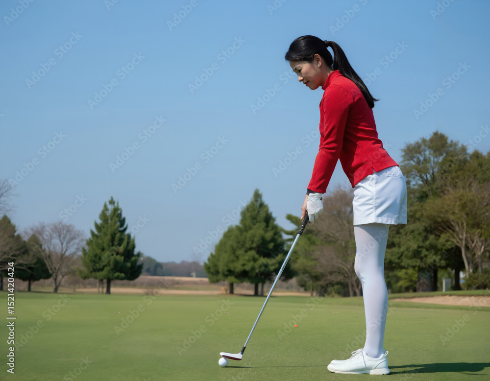 Obraz premium A woman in a red jacket and white pants plays golf on a sunny day, with trees in the background.