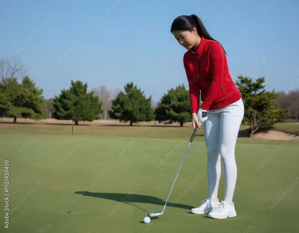 Fototapeta premium A woman in a red jacket and white pants plays golf on a sunny day, with trees in the background.