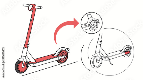 Illustration showing the folding mechanism of a red and white kick scooter with arrows and circles