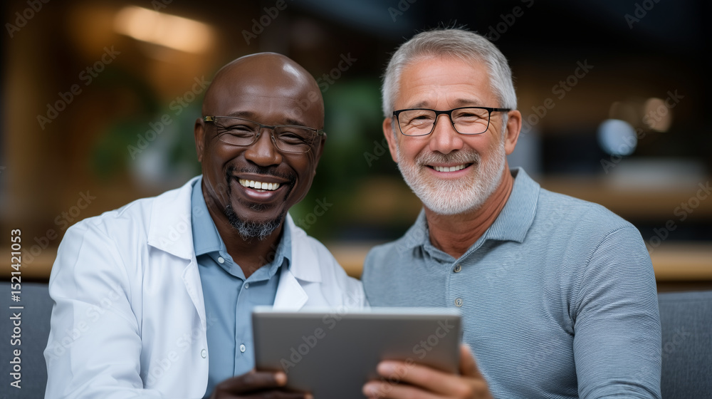 An elderly male patient sits across from a doctor in a hospital consultation room, both looking at a tablet PC. The doctor explains medical results using digital visuals, reflectin An elderly male patient sits across from a doctor in a hospital consultation room, both looking at a tablet PC. The doctor explains medical results using digital visuals, reflectin