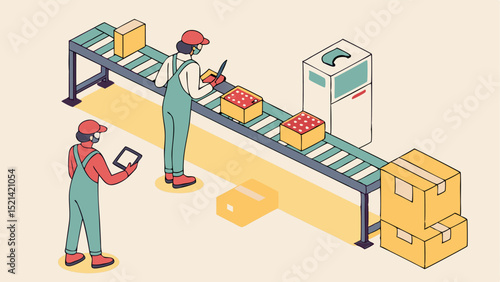 Two workers inspecting boxes on a conveyor belt in a warehouse with a machine and stacked boxes nearby