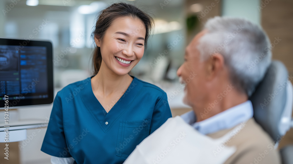 Fototapeta premium Young Asian female dentist explaining root canal therapy to elderly male patient using digital intraoral scanner and 3D tooth model in a bright dental office. female Asian dentist,
