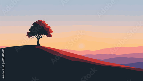 Lone Tree on Hill at Sunset – Minimal Nature Scene
