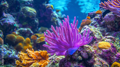 Fototapeta Naklejka Na Ścianę i Meble -  Purple coral blooms nestled among multicolored reef structures