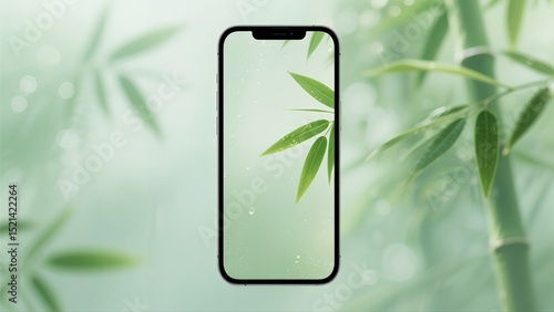 Modern Smartphone Displaying Lush Green Bamboo Leaves with Water Drops