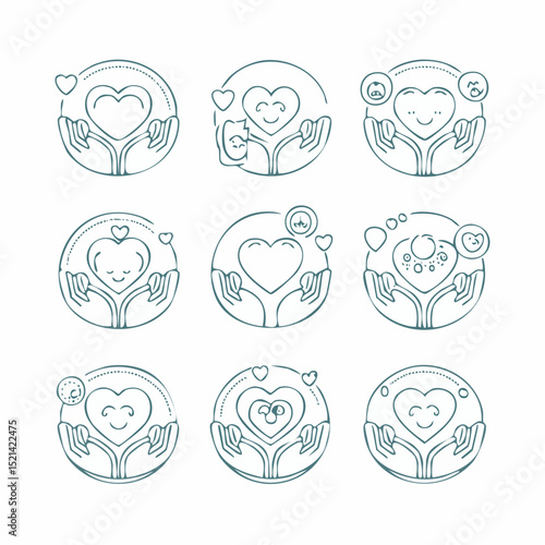 Vector set of abstract logo design templates in simple linear style - motherhood emblems, hands and heart, baby sleeping and smiling