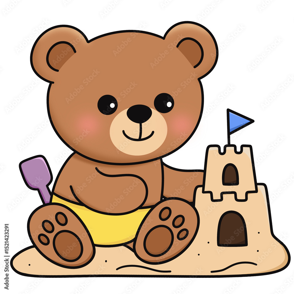 Cute Cartoon Bear Building a Sandcastle Cute Cartoon Bear Building a Sandcastle