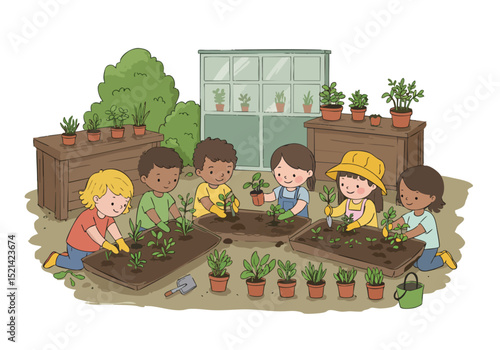 Diverse children happily plant herbs in a garden setting. A vibrant illustration promoting sustainable gastronomy and gardening. Bright, cheerful, and educational.