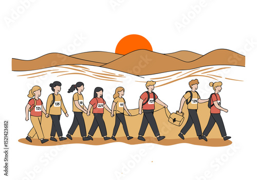 diverse group of walkers participates in a walkathon across a desert landscape under a rising sun They carry backpacks and bibs promoting unity and community A clear hopeful composition