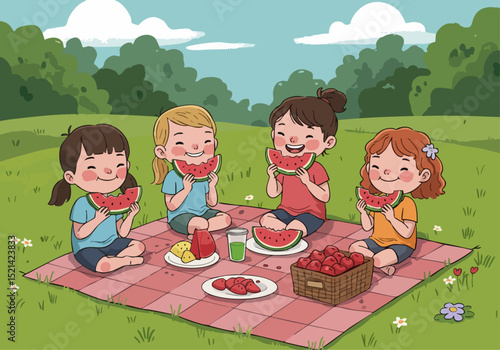 Four girls enjoy a cheerful watermelon picnic on a green lawn. They happily bite into slices, surrounded by a blanket, fruit, and drinks. A bright, playful illustration.