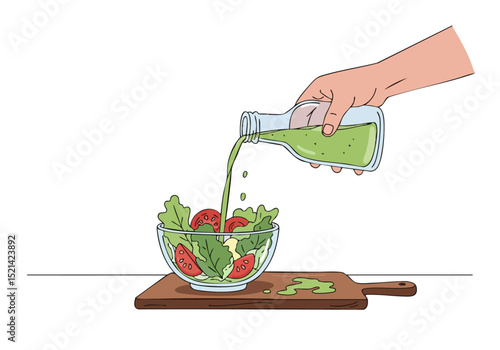 A hand pours vinaigrette over a fresh salad. Vibrant colors and a clear composition showcase a healthy meal. Perfect for food, lifestyle, and wellness visuals.
