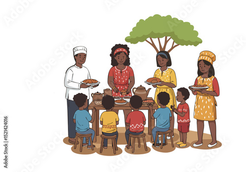 A joyful family shares a traditional meal outdoors. Diverse children and adults enjoy a vibrant food festival scene. Warm colors and a relaxed atmosphere create a welcoming image.