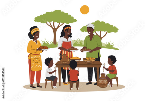 A joyful family shares a traditional African meal outdoors. Vibrant colors and warm lighting create a welcoming scene. Perfect for food, culture, and family themes.