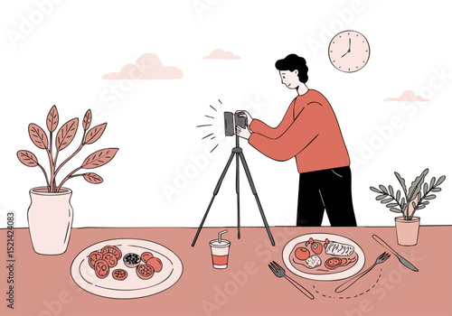 A young man photographs food on a table with a tripod and camera. A stylish, minimalist scene with plants and drinks. Perfect for food blogs and restaurants.