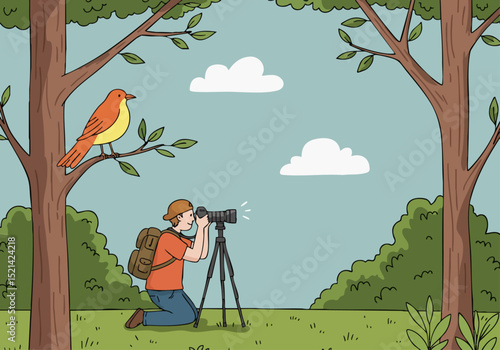 A photographer captures a vibrant bird in a forest setting.  Detailed illustration, bright colors, and a peaceful outdoor scene. Perfect for nature, wildlife, or photography themes.