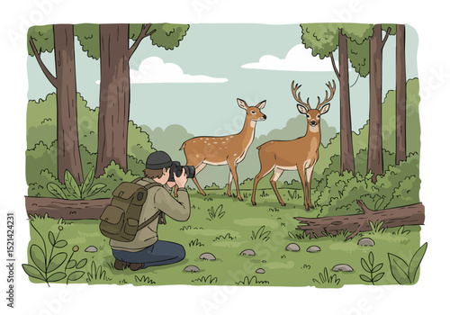 A photographer captures deer in a forest setting. A man with a backpack and camera observes the wildlife. Natural light and a serene landscape create a captivating image.