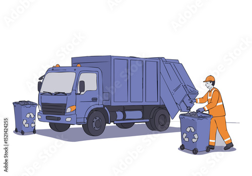 sanitation worker loads recycling into a truck A graphic design promotes garbage sorting Clean modern illustration with a blue truck and worker in orange safety gear 
